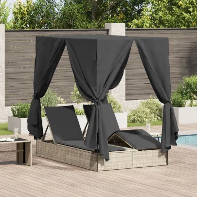Șezlong Dublu cu Acoperiș și Cortine Gri Poliratan - Livrare Gratuită