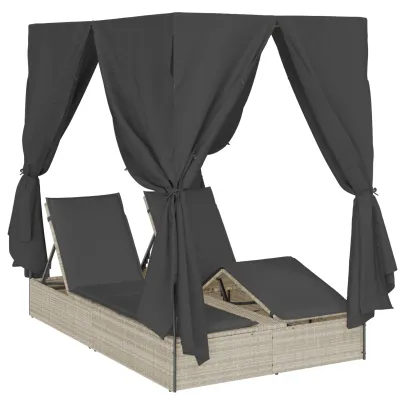Șezlong Dublu cu Acoperiș și Cortine Gri Poliratan - Livrare Gratuită