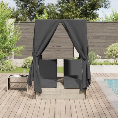 Șezlong Dublu cu Acoperiș și Cortine Gri Poliratan - Livrare Gratuită