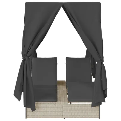 Șezlong Dublu cu Acoperiș și Cortine Gri Poliratan - Livrare Gratuită