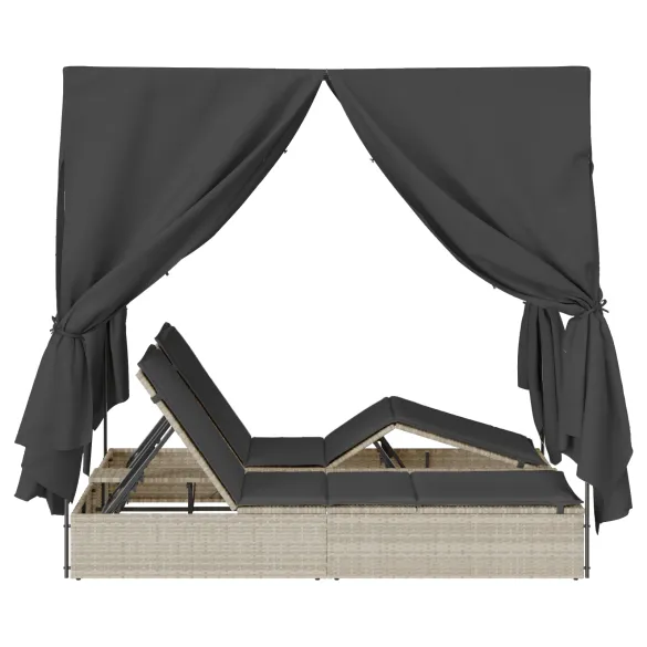 Șezlong Dublu cu Acoperiș și Cortine Gri Poliratan - Livrare Gratuită