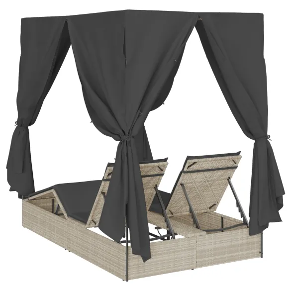 Șezlong Dublu cu Acoperiș și Cortine Gri Poliratan - Livrare Gratuită