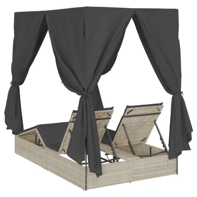 Șezlong Dublu cu Acoperiș și Cortine Gri Poliratan - Livrare Gratuită