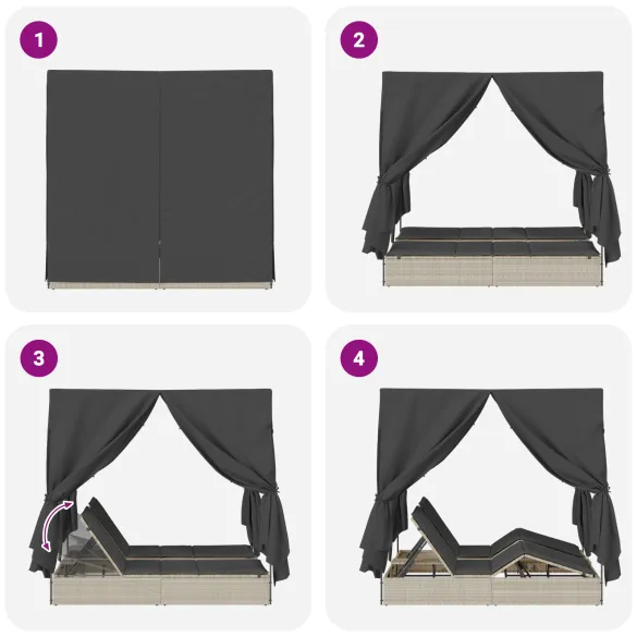Șezlong Dublu cu Acoperiș și Cortine Gri Poliratan - Livrare Gratuită