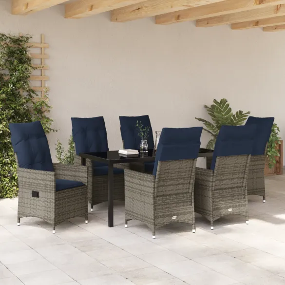 Set Grădină 7 Piese Ratan Gri cu Masă Sticlă | vidaXL