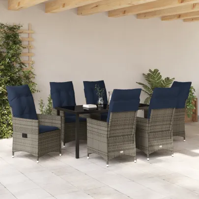Set Grădină 7 Piese Ratan Gri cu Masă Sticlă | vidaXL