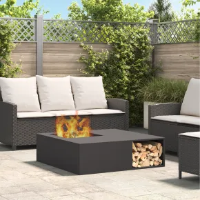 Vatră de foc din oțel cu depozitare lemne - Negru - 100x100x30 cm