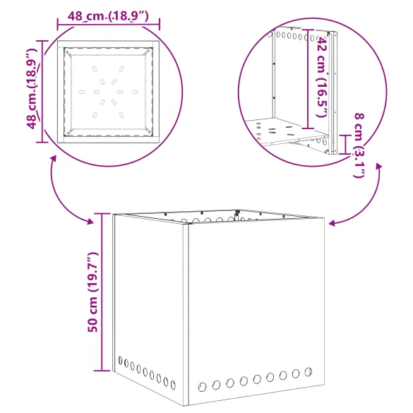 Vatră Foc Pătrată Fără Fum - Oțel Corten - Livrare Gratuită