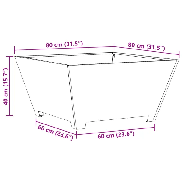 Vatră de foc pătrată din oțel corten - 80x80x40 cm