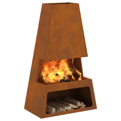 Vatră de foc rustică cu depozitare lemne - Oțel Corten