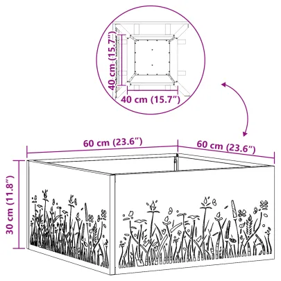 Vatră de foc pătrată din oțel corten - 60x60x30 cm