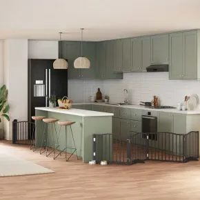 Poartă Câini Pliabilă Negru 480 cm - Lemn Plop cu Ușă