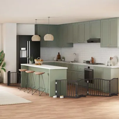 Poartă Câini Pliabilă Negru 480 cm - Lemn Plop cu Ușă