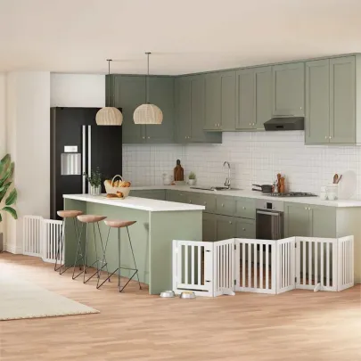 Poartă Câini Pliabilă Alb - 9 Panouri Lemn Plop - 450 cm