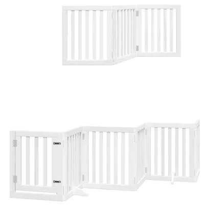 Poartă Câini Pliabilă Alb - 9 Panouri Lemn Plop - 450 cm