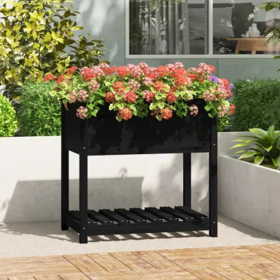 Jardinieră cu Raft Negru - Lemn Masiv de Pin - 82,5x54x81 cm