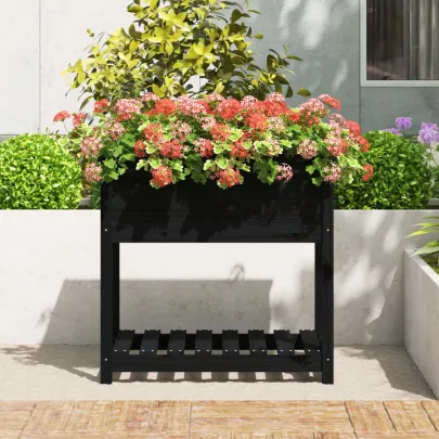 Jardinieră cu Raft Negru - Lemn Masiv de Pin - 82,5x54x81 cm