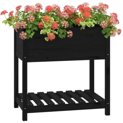 Jardinieră cu Raft Negru - Lemn Masiv de Pin - 82,5x54x81 cm