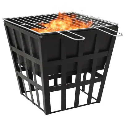 Vatră de foc cu grătar - Oțel negru - Livrare gratuită