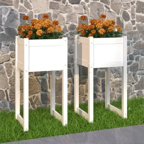 Jardiniere Lemn Masiv Pin - Set 2 Bucati - Alb - 40x40x81 cm