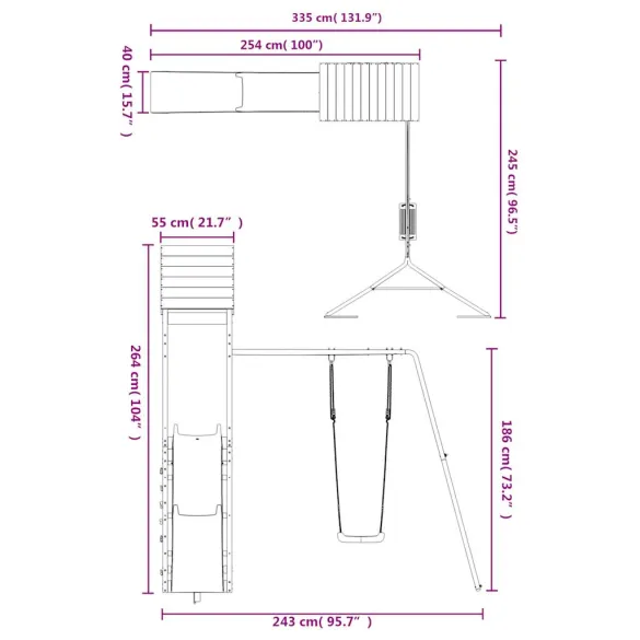 Set de joacă exterior lemn impregnat - Turn, tobogan, leagăn