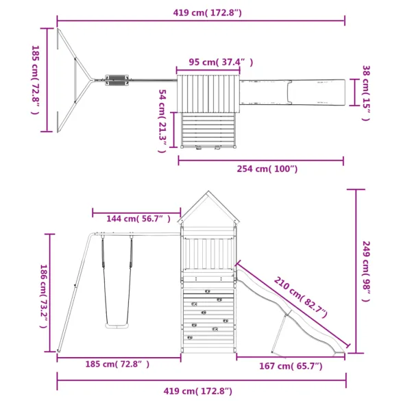 Set de joacă exterior lemn masiv - Turn cu tobogan și leagăn