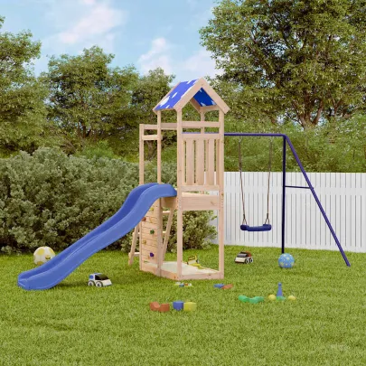 Set de joacă exterior lemn masiv de pin cu tobogan și leagăn