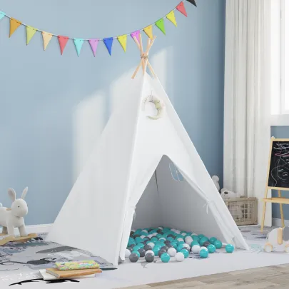 Cort Teepee Copii cu Geantă Piersică și Bile Alb - Joc Imaginativ