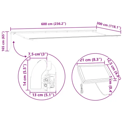 Marchiză Retractabilă cu LED 600x300cm - Dungi Roșii-Albe