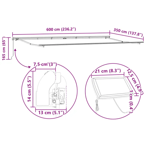 Marchiză LED retractabilă manuală 600x350 cm - Galben