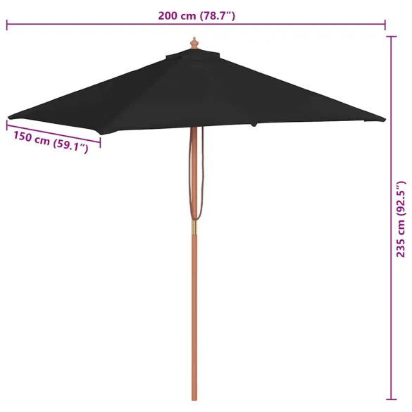 Umbrelă de grădină cu stâlp lemn - Negru - 150x200 cm
