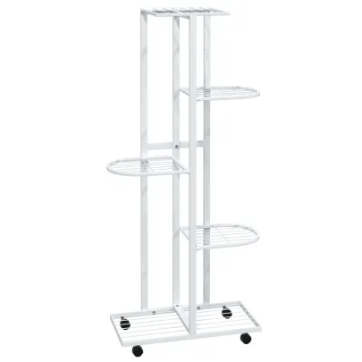 Suport Flori 5 Etaje cu Roti Alb - Fier Rezistent