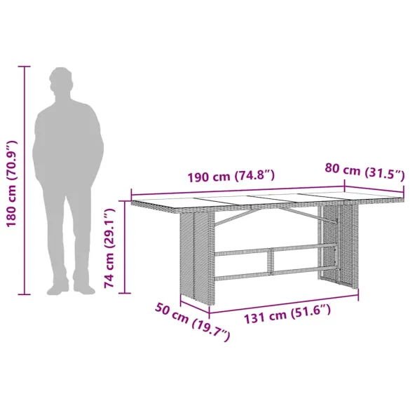 Masă Grădină Poliratan cu Blat Sticlă - 190x80 cm