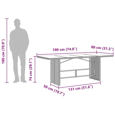 Masă Grădină Poliratan cu Blat Sticlă - 190x80 cm