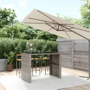 Masă Bar Exterior Sticlă Ratan Gri - Livrare Gratuită