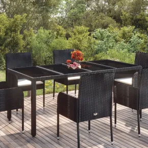Masă Grădină Sticlă Ratan 190x90 cm - Negru | Livrare Gratuită