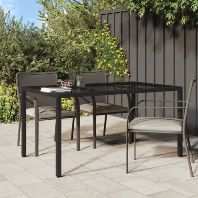 Masă Grădină Negru 150x90 cm - Sticlă Securizată și Poliratan