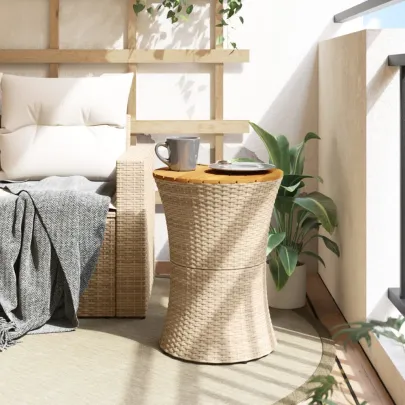 Masă Laterală Grădină Tobă Bej Ratan Lemn | Livrare Gratuită