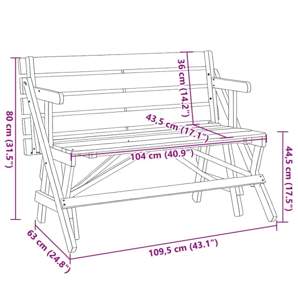 Masă de picnic convertibilă 2 în 1 - lemn masiv brad