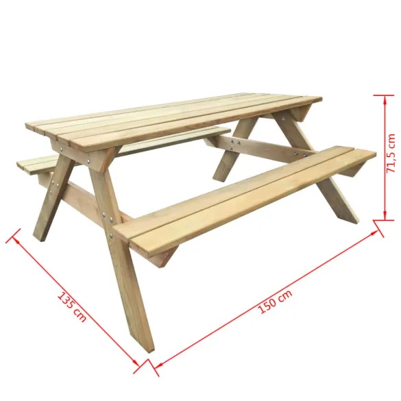 Masă picnic lemn natural - 150x135 cm - Livrare gratuită