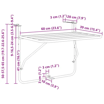 Masă balcon suspendată pliabilă galben - 60x40 cm - oțel