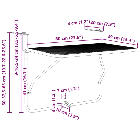 Masă de balcon suspendată pliabilă - Oțel - Muștar - 60x40 cm