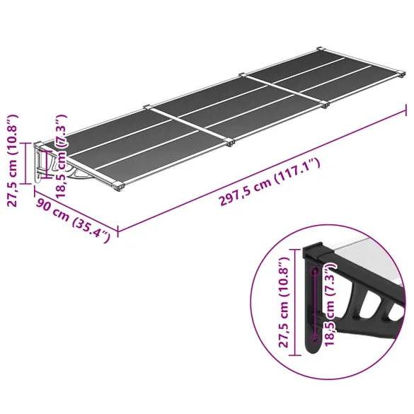 Copertină Ușă Policarbonat 297x90 cm | Livrare Gratuită