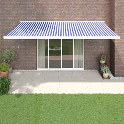 Copertină Retractabilă 5x3m - Albastru/Alb - Textil/Aluminiu