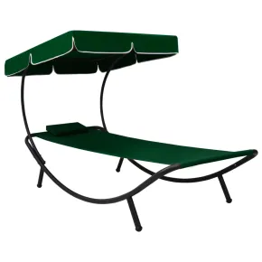 Pat Șezlong Exterior cu Baldachin și Pernă - Verde