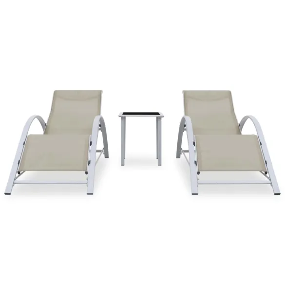 Set Șezlonguri cu Masă - 2 Bucăți - Crem - Aluminiu