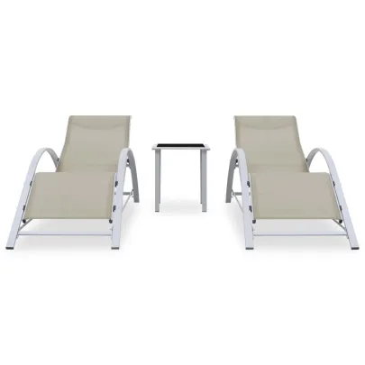 Set Șezlonguri cu Masă - 2 Bucăți - Crem - Aluminiu