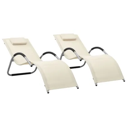 Șezlonguri Exterior - Set 2 Bucăți - Crem și Gri - Textilenă