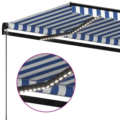 Copertină retractabilă manual cu LED 4x3m - Albastru/Alb