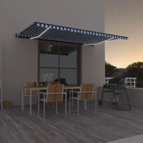 Copertină Automată cu LED Senzor Vânt Albastru/Alb 500x350 cm